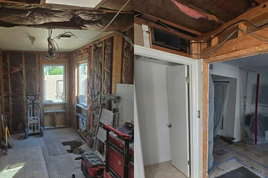 Bathroom remodel rough-in plumbing with open walls and fixtures for Plumber in Downtown Fountain Valley, CA in Fountain Valley near the service area.
