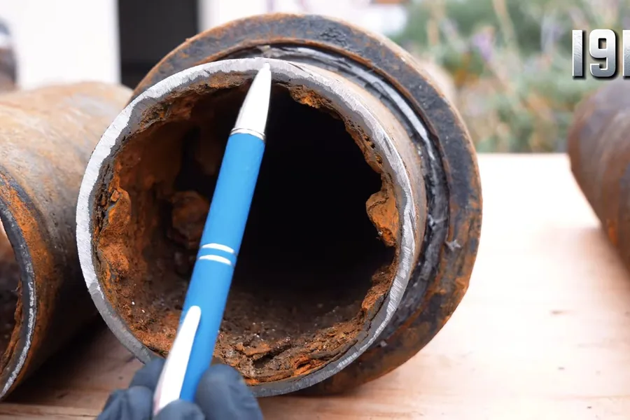 Corroded cast iron pipe section with heavy interior scale for Cast Iron Drain Stack Problems in 1960s-70s Homes in Fountain Valley
