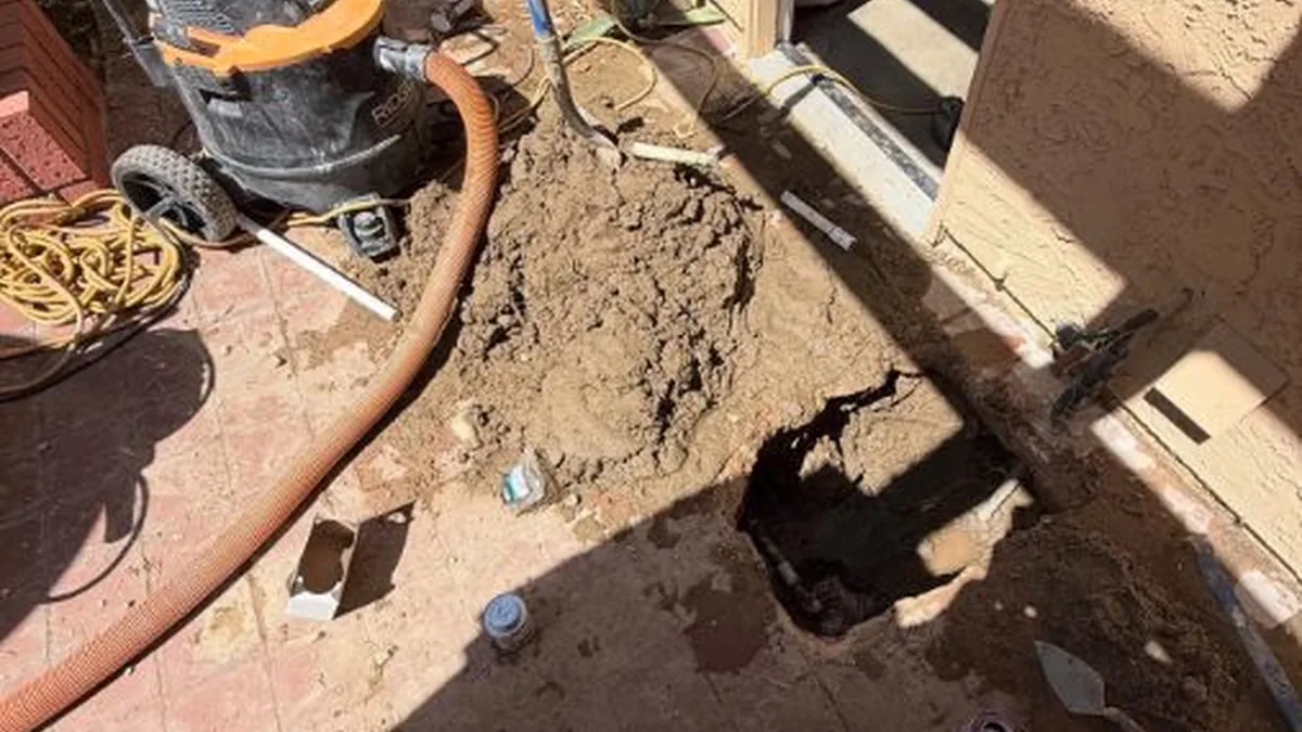 Leak detection equipment and exposed slab repair area for Slab Leak Detection & Repair in Fountain Valley, CA in Fountain Valley