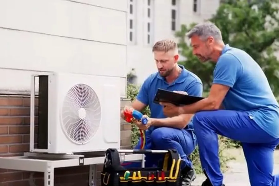 Two plumbing technicians discussing equipment outside a home for About Fountain Valley Plumbing Experts in Fountain Valley